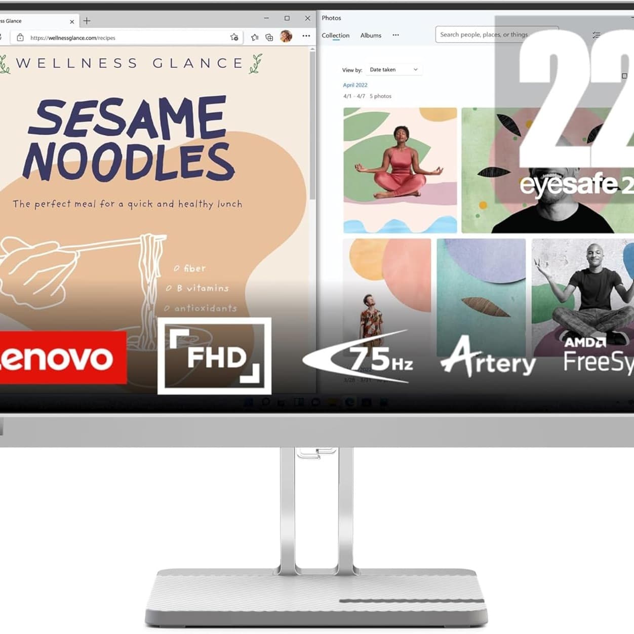 Lenovo L22e-40, 21.4 Inch (54.48 cm), FHD 1920x1080, 75Hz, Grey, 4ms, 16.7Mn Colors, AMD FreeSync, TUV Eye Comfort, Low Blue Light, Smart Display Customization Artery, HDMI Monitor
