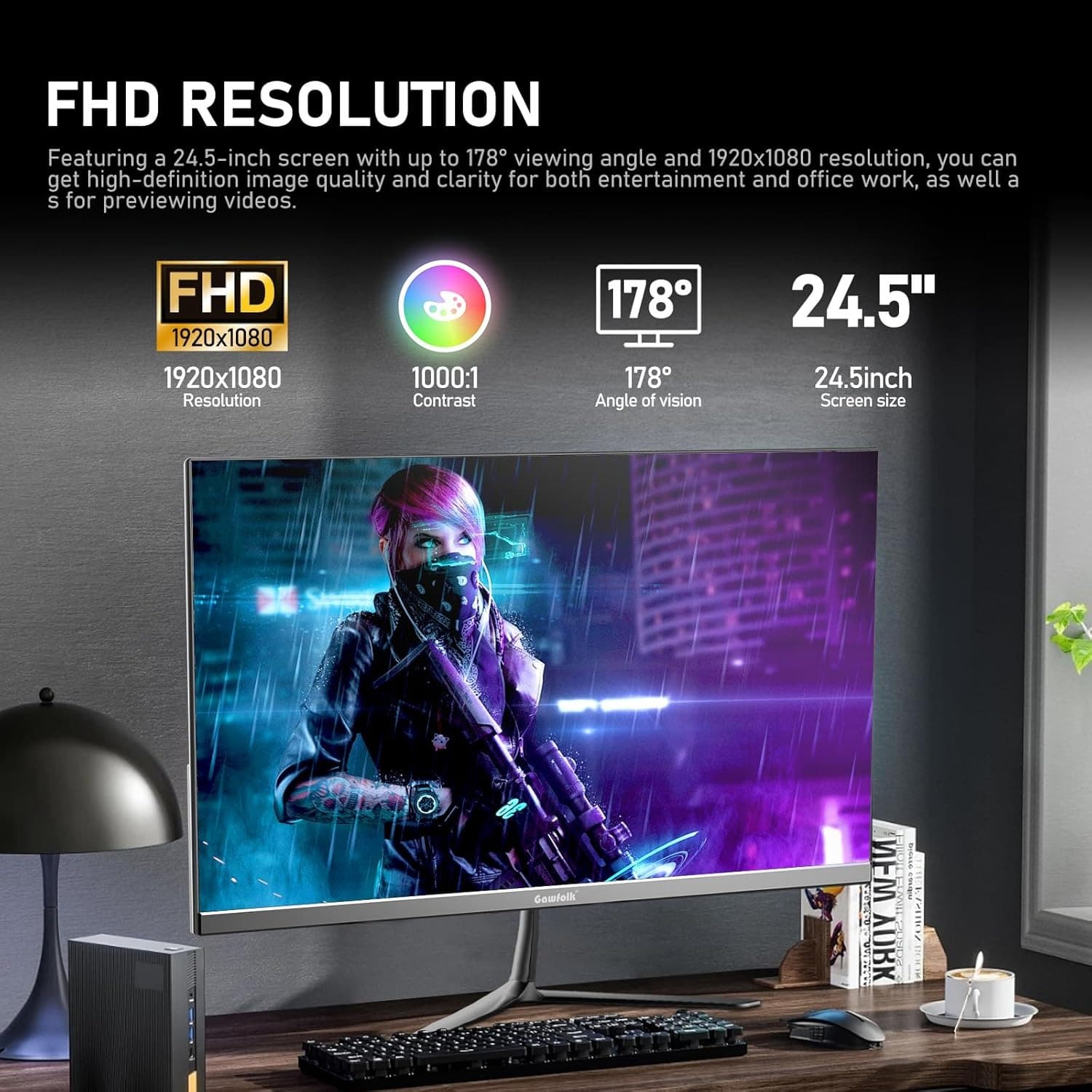 Gawfolk 24.5 Inch FHD 200Hz IPS Flat Gaming Monitor 1080P Computer Monitor 1920x1080 Display Screen 1ms(GTG) 240cd/m² 99% sRGB Suitable for games, entertainment, and office (Built-in Speakers) - 4