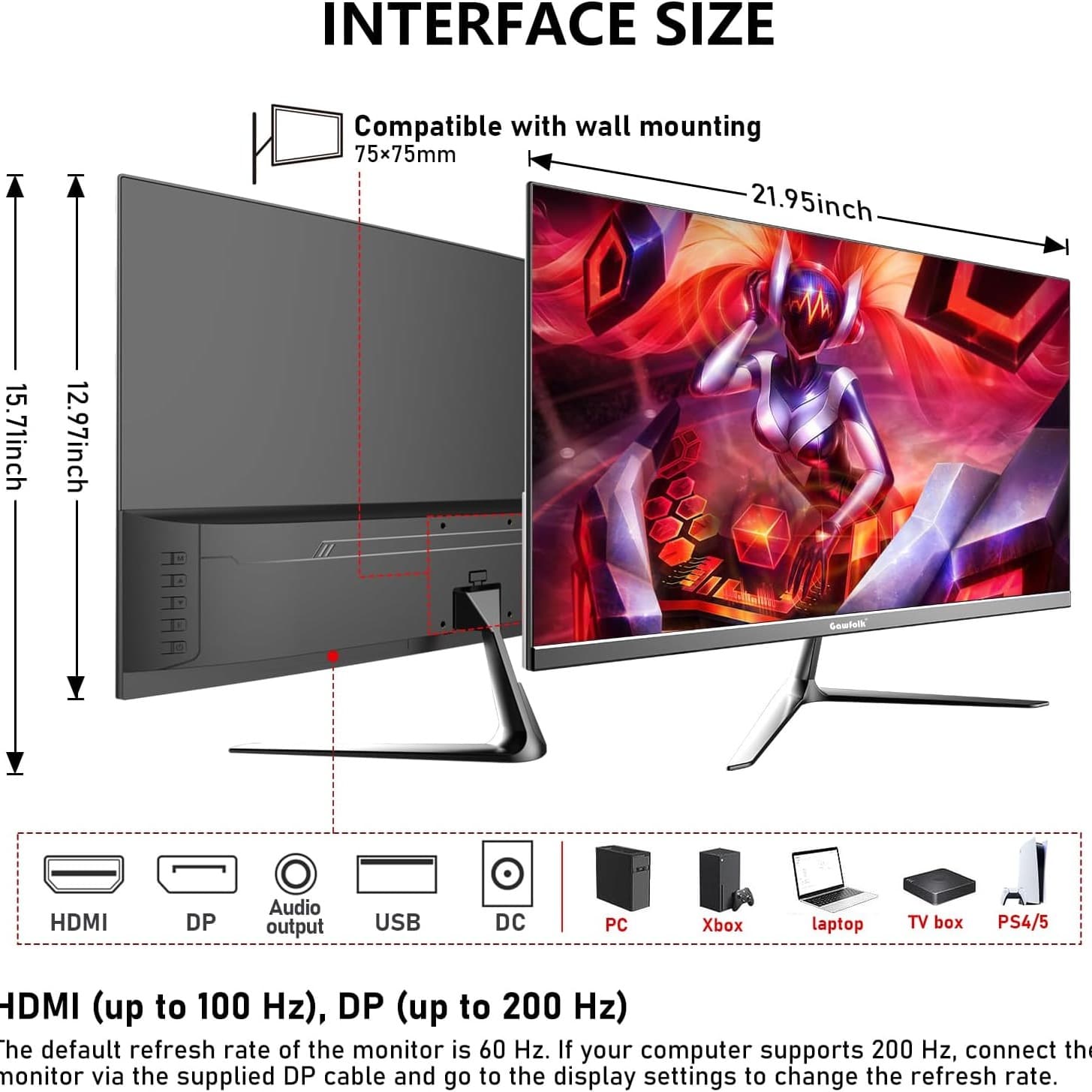 Gawfolk 24.5 Inch Monitor 200Hz Gaming Monitor IPS FHD Computer Display Screen 1080P(1920 * 1080) FreeSync 99% sRGB 1ms(GTG) Suitable for gaming, home office - 5