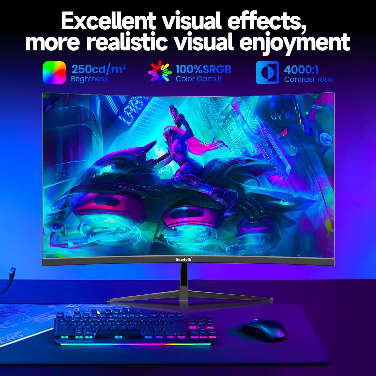 Gawfolk 32 Inch Gaming Monitor FHD 180Hz Curved 1800R Computer Display Screen FreeSync 100% sRGB 1ms(GTG) VESA Suitable for Esports, Office and Home Use - 2
