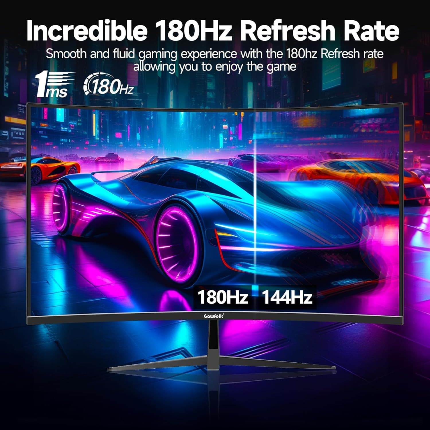Gawfolk 32 Inch Gaming Monitor FHD 180Hz Curved 1800R Computer Display Screen FreeSync 100% sRGB 1ms(GTG) VESA Suitable for Esports, Office and Home Use - 3