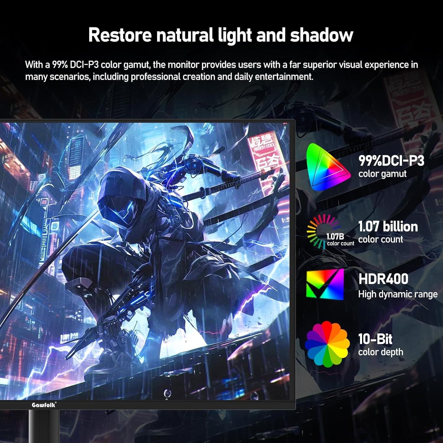 Gawfolk 27 Inch QD-OLED Gaming Monitor QHD 240Hz 0.03ms(GTG) 99% DCI-P3 FreeSync HDR400 1.5M:1Contrast Ratio VESA RGB atmosphere light With Tilt/Height/Swivel Adjustable Stand (Black) - 6