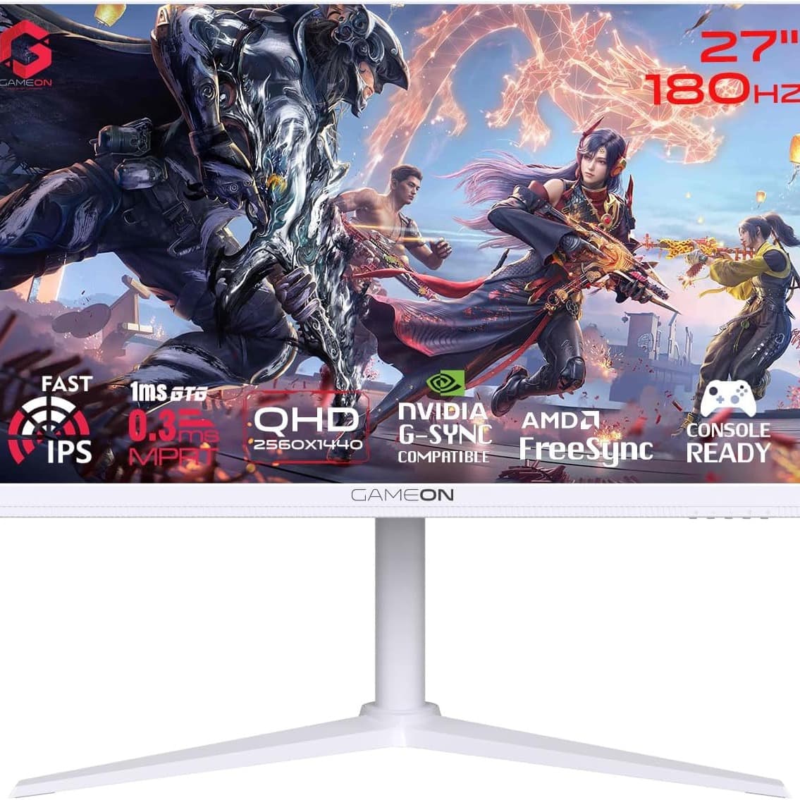 GAMEON GOA27QHD180IPS Arctic Pro-Series 27" White Gaming Monitor, 2560x1440p 2K QHD, Fast IPS Panel, 180Hz, 0.3ms, HDMI 2.1, FreeSync & G-Sync, Crosshair Assistant, HDR, PS5, VRR Support - 1