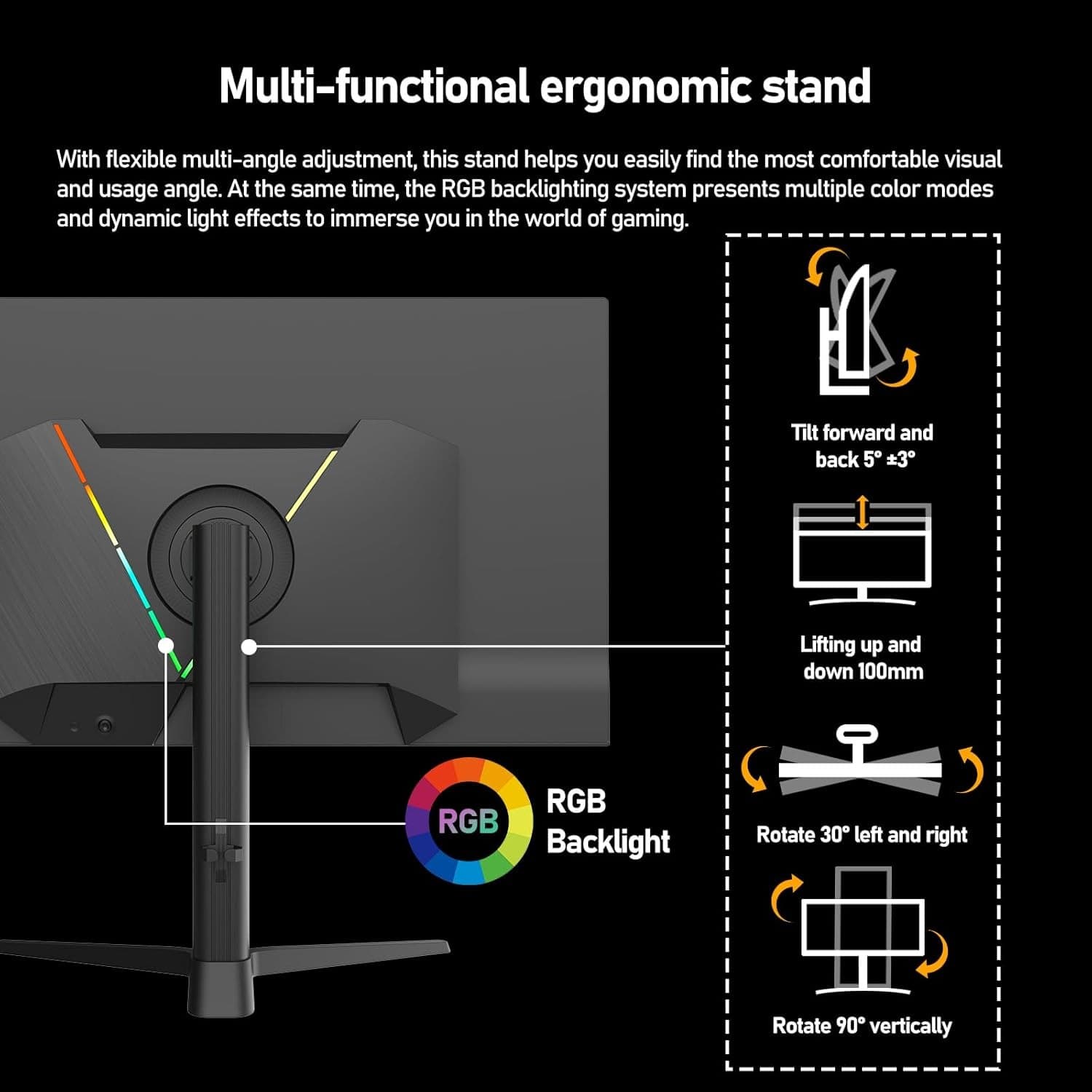 Gawfolk 32 Inch QD-OLED Gaming Monitor UHD 165Hz 0.03ms(GTG) 99% DCI-P3 FreeSync HDR400 1.5M:1Contrast Ratio VESA RGB atmosphere light With Tilt/Height/Swivel Adjustable Stand (Black) - 4
