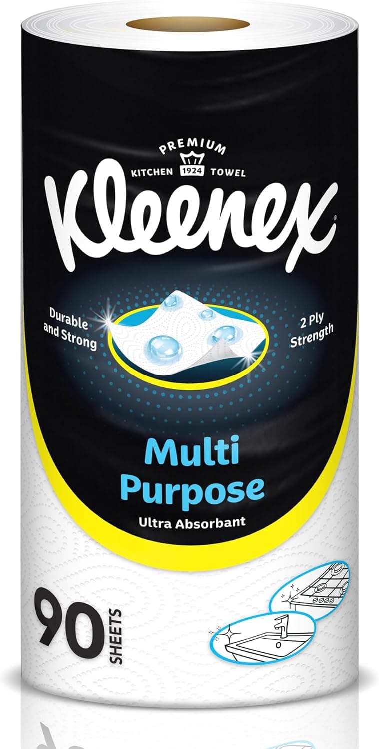 Kleenex Multi Purpose Kitchen Tissue Paper Towel, 2 PLY, 1 Roll x 90 Sheets, Absorbent Towels for all Surfaces - 1