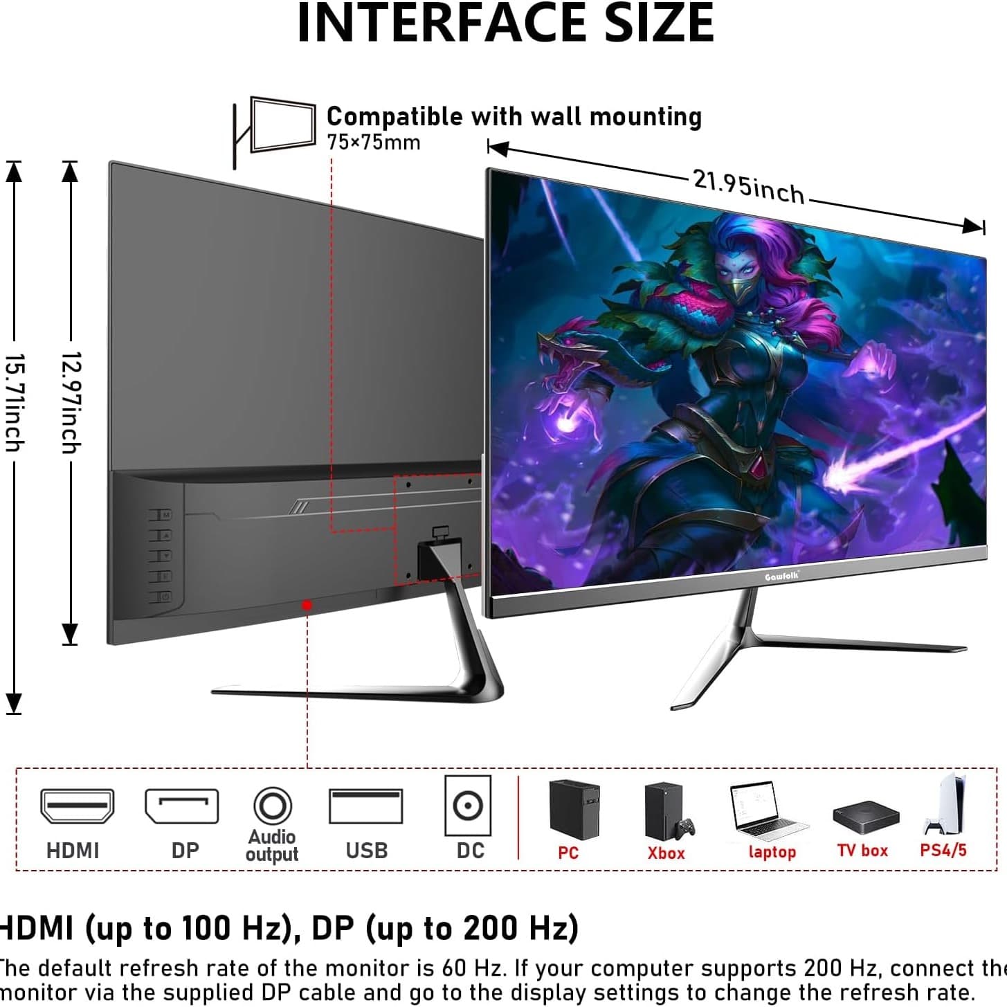 Gawfolk 24.5 Inch FHD 200Hz IPS Flat Gaming Monitor 1080P Computer Monitor 1920x1080 Display Screen 1ms(GTG) 240cd/m² 99% sRGB Suitable for games, entertainment, and office (Built-in Speakers) - 3