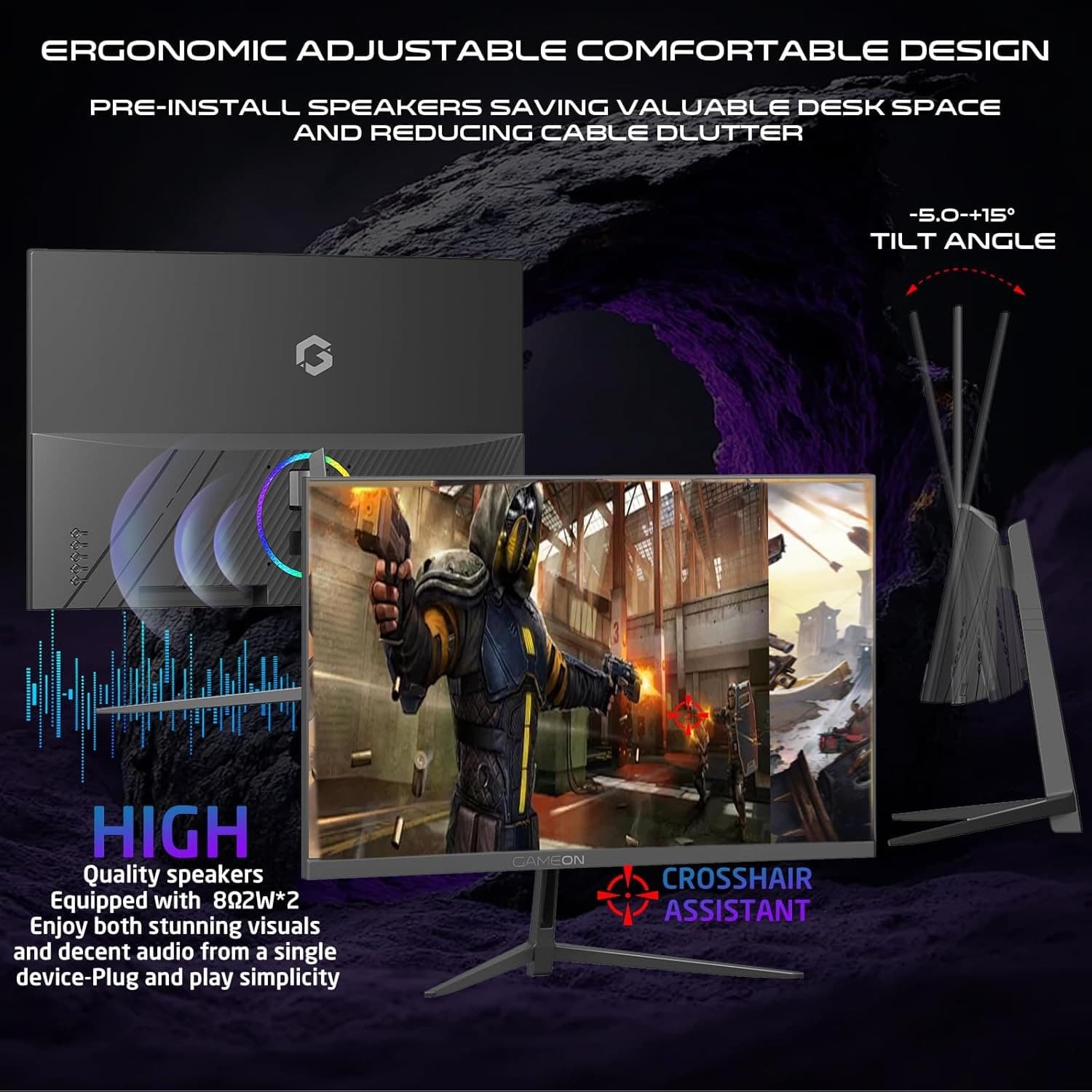 GAMEON GOC27F180VA Pro Series Curved Gaming Monitor 27 inch, 1920x1080p FHD Fast VA Panel, 180Hz, 0.5ms, HDMI 2.1, G-Sync & Freesync, Crosshair assistant, Built-in Speakers, Supports HDR, PS5, VRR - 4