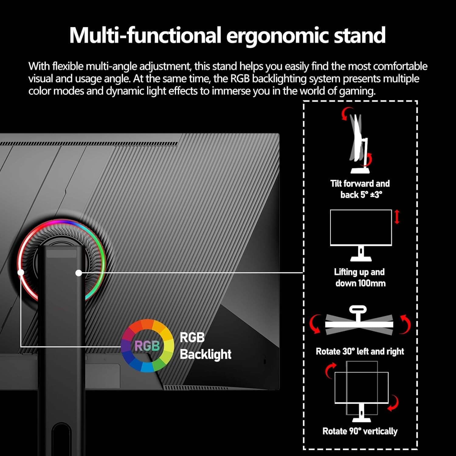 Gawfolk 27 Inch Gaming Monitor UHD 144Hz Computer Display Screen 4K 100% sRGB FreeSync 1ms(GTG) with RGB Backlighting Height/Tilt/Swivel Adjustable Stand - 5