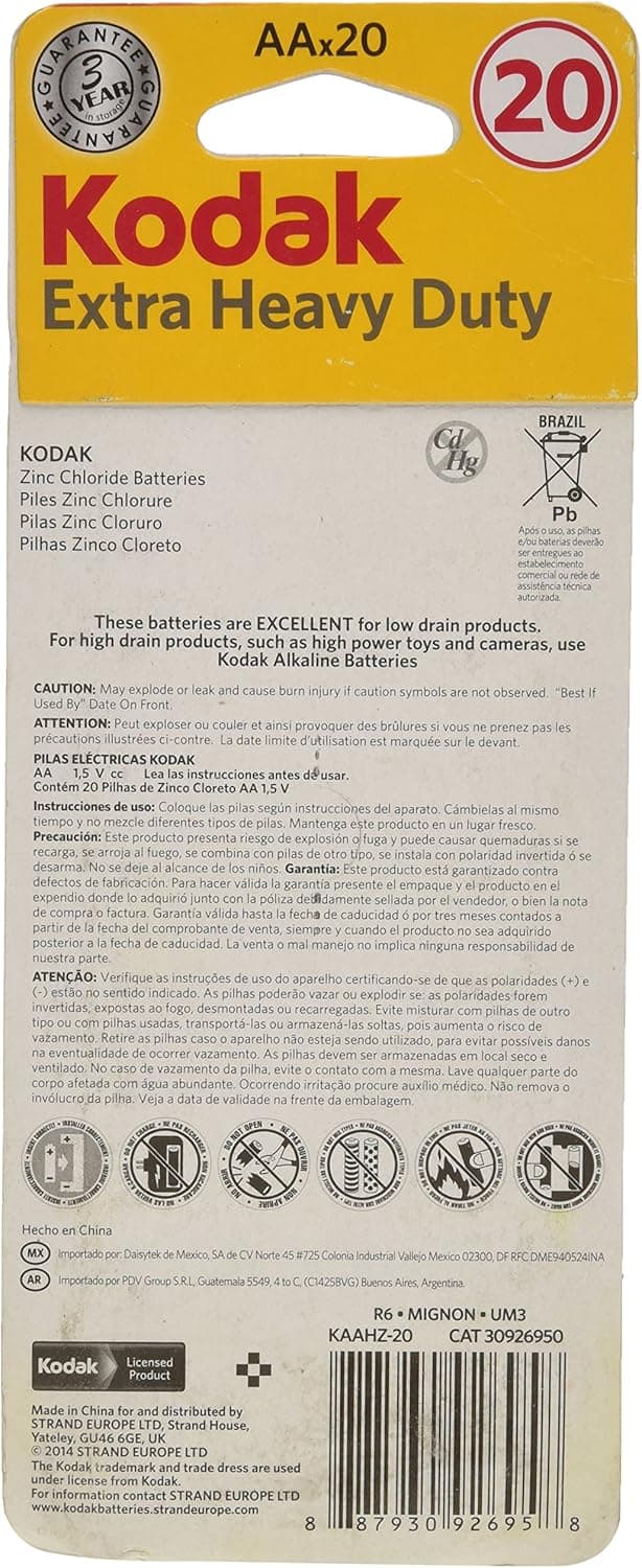 KODAK Super Heavy Duty | AA Batteries | Double A | Disposable Household | Carbon Zinc | 1.5V | 20 Blister Pack - 2