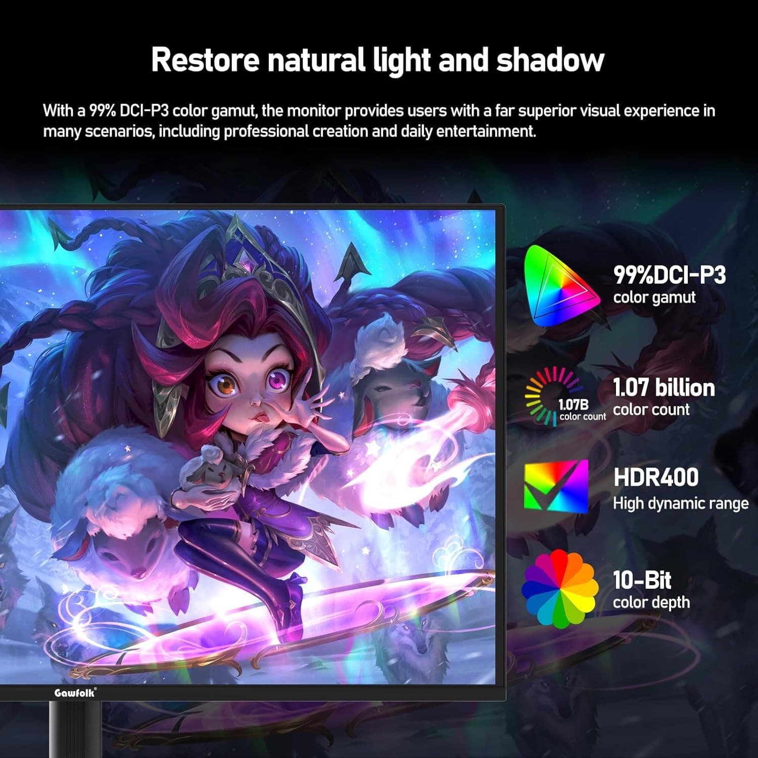 Gawfolk 32 Inch QD-OLED Gaming Monitor UHD 165Hz 0.03ms(GTG) PIP/PBP 99% DCI-P3 Type-c(65W) KVM FreeSync HDR400 HUB3.0 1.5M:1Contrast Ratio VESA RGB With Tilt/Height/Swivel Adjustable Stand (Black) - 3