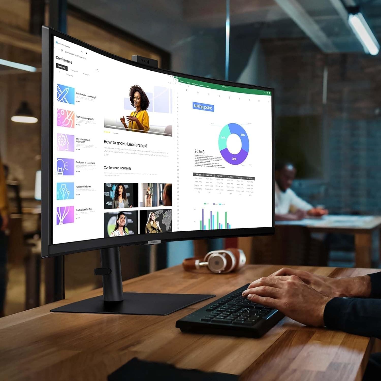 SAMSUNG 34” ViewFinity S65VC Series Ultrawide QHD Curved Monitor, Built-in FHD Camera, HDR10, 100Hz, 350 nit, USB- C, Adjustable Stand, Intelligent Eye Care, LS34C650VANXGO, Black - 5