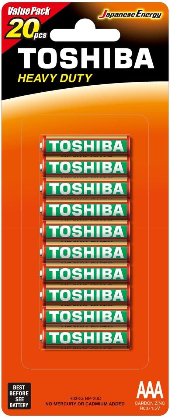 TOSHIBA Heavy Duty Zinc Carbon Battery – Ideal for Low Power Consumption Devices, AAA, Pack of 20