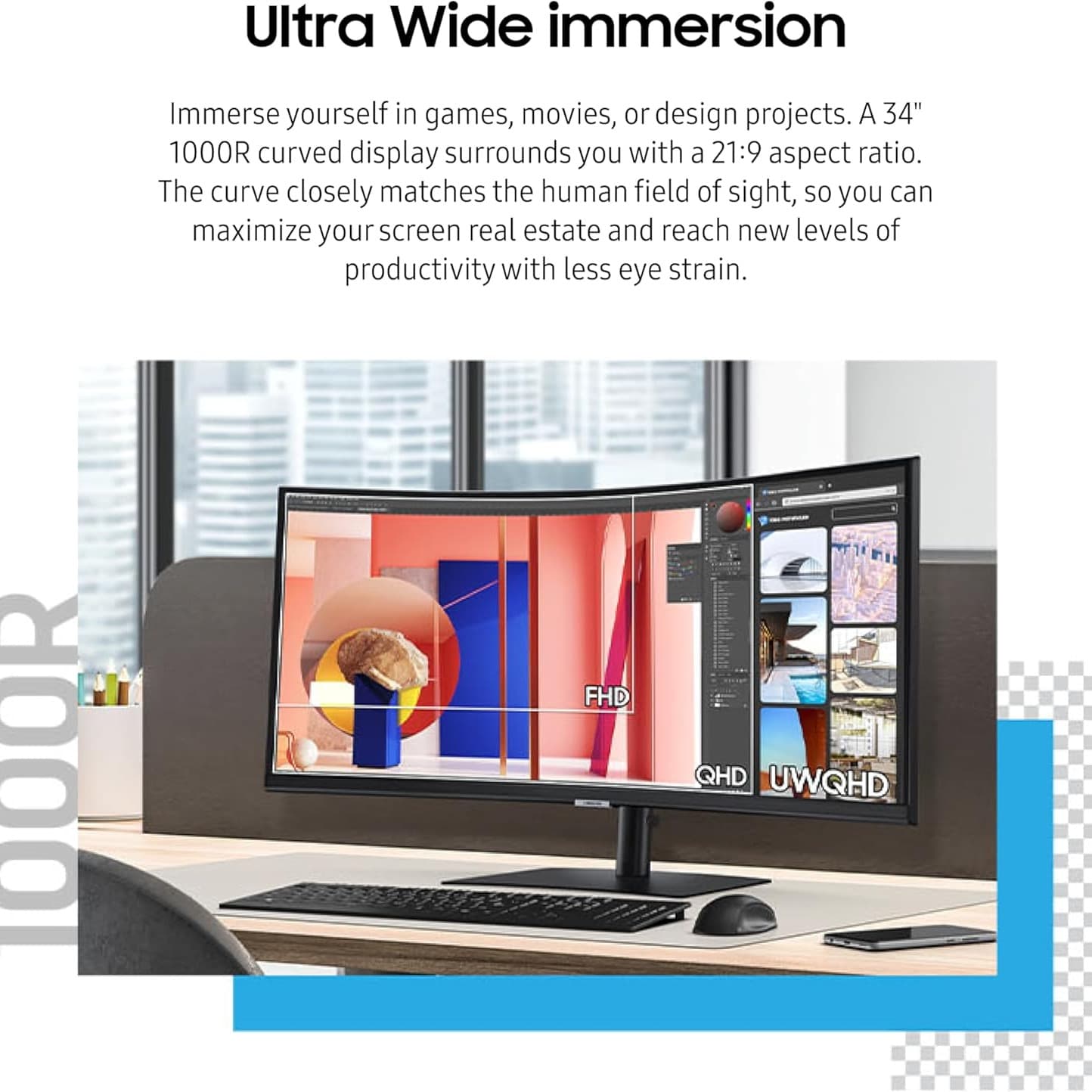 SAMSUNG 34” ViewFinity S65VC Series Ultrawide QHD Curved Monitor, Built-in FHD Camera, HDR10, 100Hz, 350 nit, USB- C, Adjustable Stand, Intelligent Eye Care, LS34C650VANXGO, Black - 10