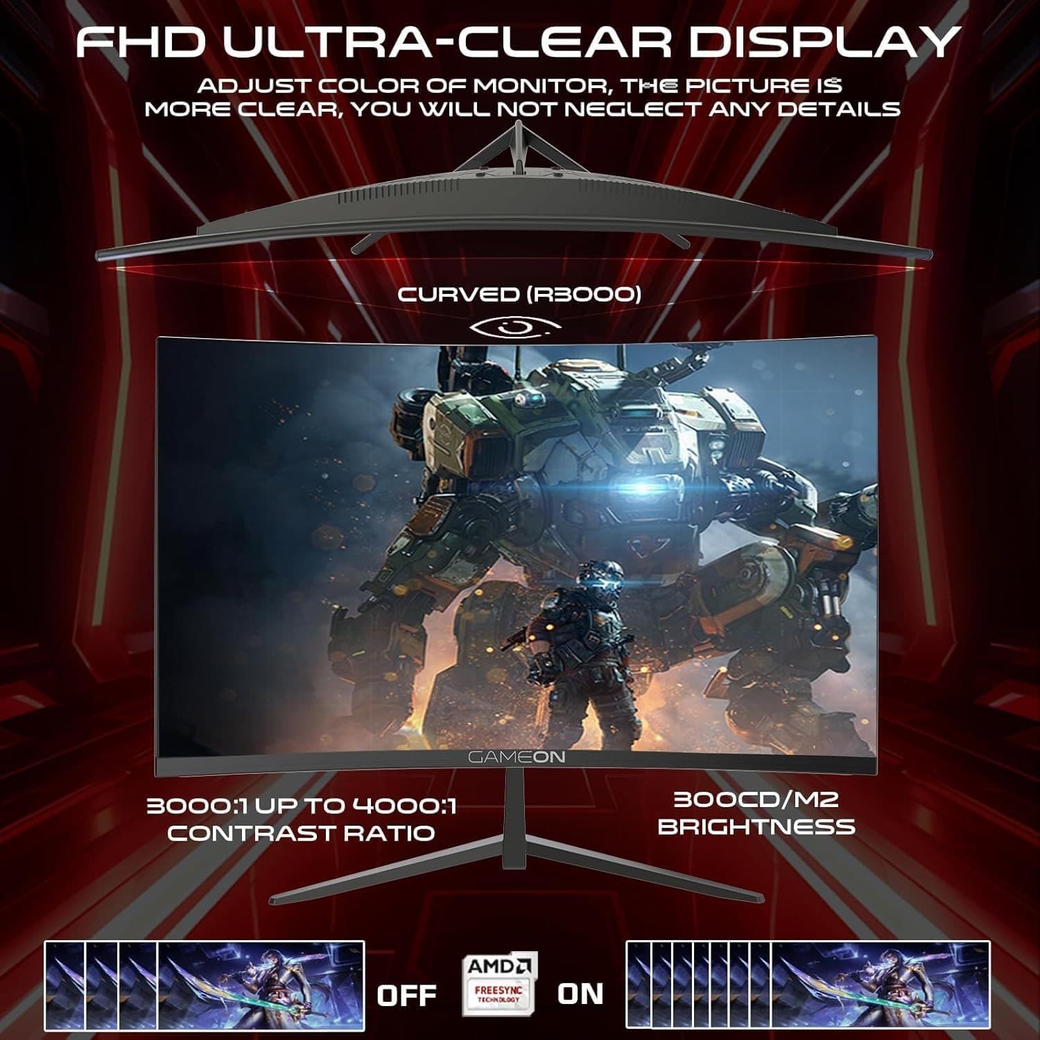 GAMEON GOC27F180VA Pro Series Curved Gaming Monitor 27 inch, 1920x1080p FHD Fast VA Panel, 180Hz, 0.5ms, HDMI 2.1, G-Sync & Freesync, Crosshair assistant, Built-in Speakers, Supports HDR, PS5, VRR - 6