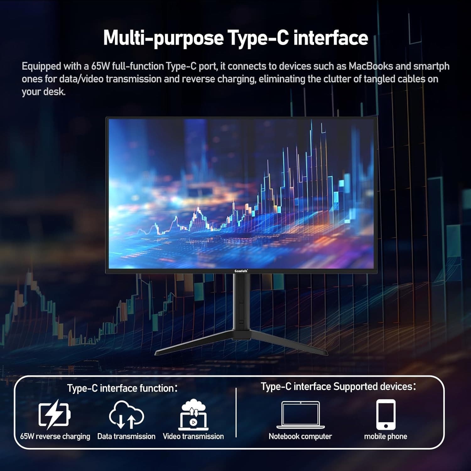Gawfolk 27 Inch QD-OLED Gaming Monitor QHD 360Hz 0.03ms(GTG) PIP/PBP 99% DCI-P3 Type-c(65W) KVM FreeSync HDR400 HUB3.0 1.5M:1Contrast Ratio VESA RGB With Tilt/Height/Swivel Adjustable Stand (Black) - 7