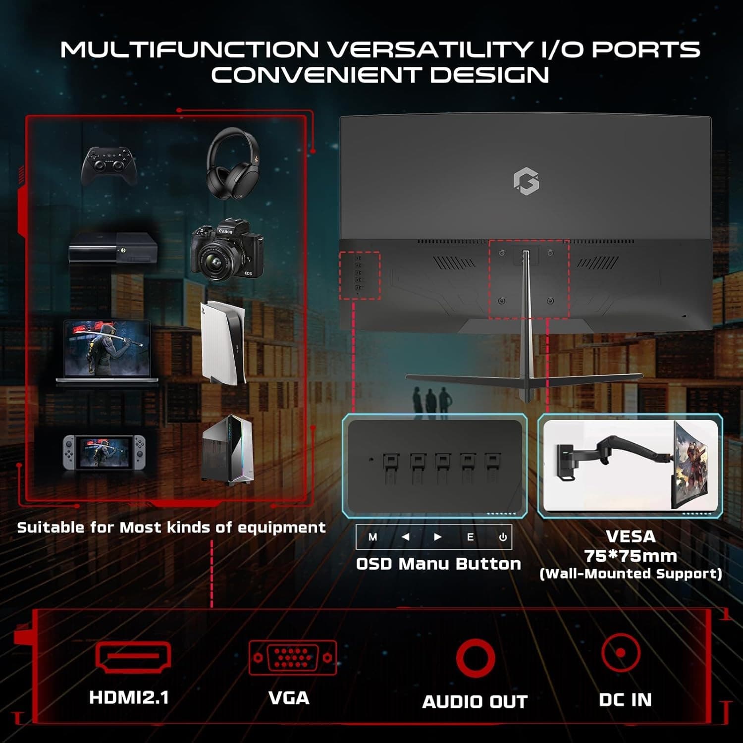 GAMEON GOC27F120VA Pro Series Curved Gaming Monitor 27 inch, 1920x1080p FHD VA Panel, 120Hz, 1ms, HDMI 2.1, Freesync, Crosshair assistant, Built-in Speakers, Supports PS5, VRR - 2