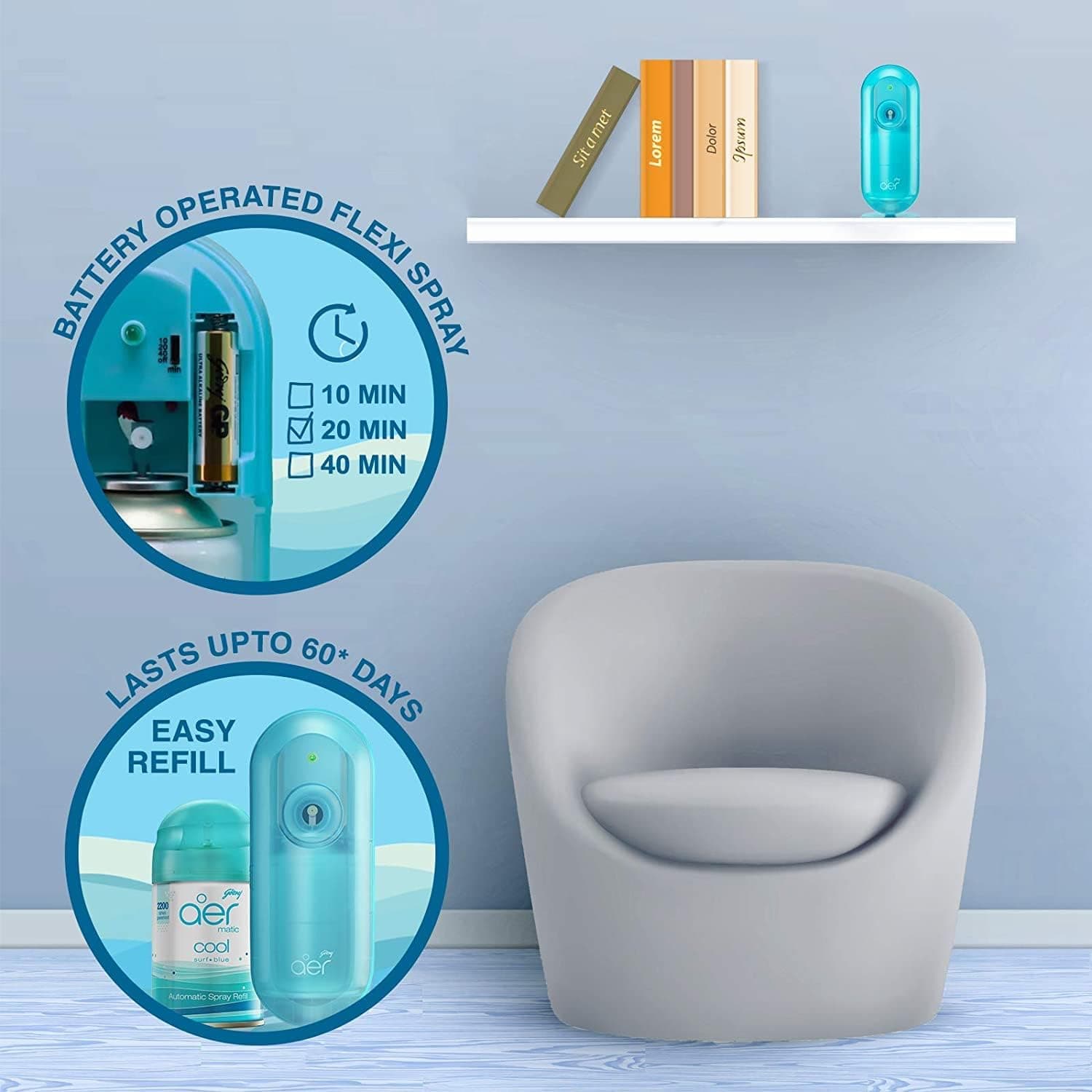 Godrej Aer Matic Automatic Air Freshener Refill Cool Surf Blue 225 ml, Aer-11, 225 ml (Pack Of 1) - 3