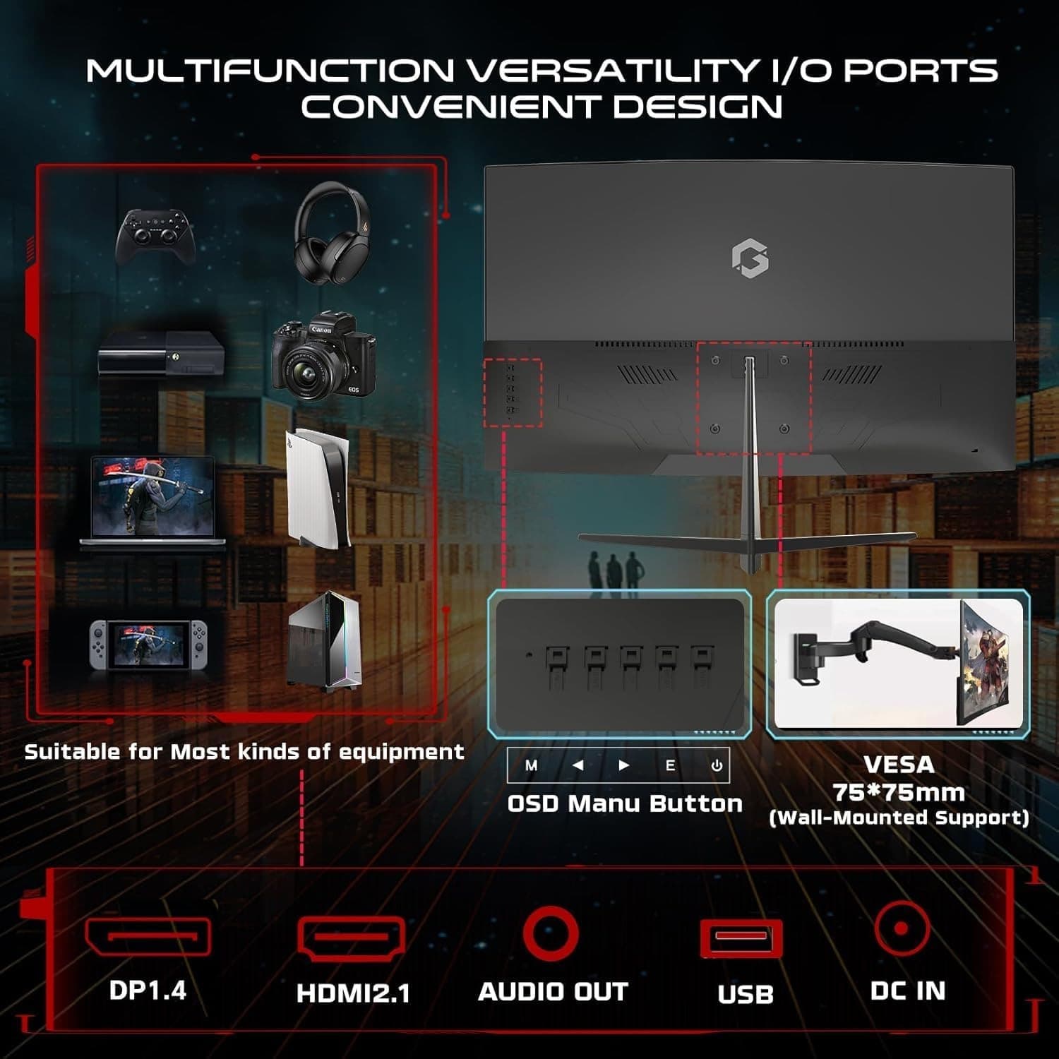 GAMEON GOC27F180VA Pro Series Curved Gaming Monitor 27 inch, 1920x1080p FHD Fast VA Panel, 180Hz, 0.5ms, HDMI 2.1, G-Sync & Freesync, Crosshair assistant, Built-in Speakers, Supports HDR, PS5, VRR - 5