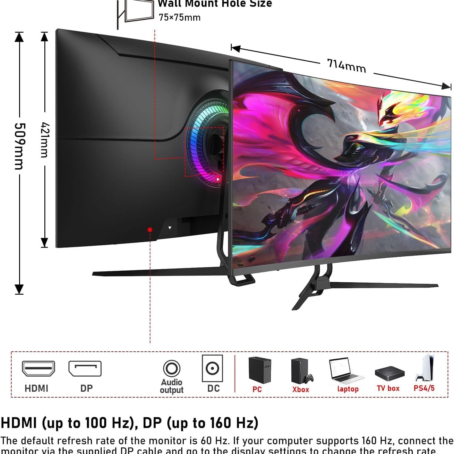 Gawfolk 32 Inch Gaming Monitor UHD 160Hz Curved 1500R Computer Monitor 4K 3840x2160 Display Screen 1ms(GTG) 320cd/m² 120% sRGB RGB Backlight FreeSync For eSports gamers (Built-in Speakers) - 8