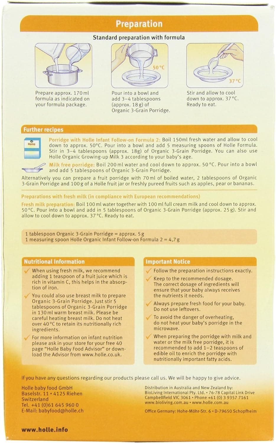 HOLLE ORG WHOLEGRN 3 GRAIN CEREAL 6X250G - 6